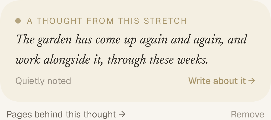 An amber note headed “A thought from this stretch” reads: “The garden has come up again and again, and work alongside it, through these weeks.” Beneath it, Pages behind this thought.